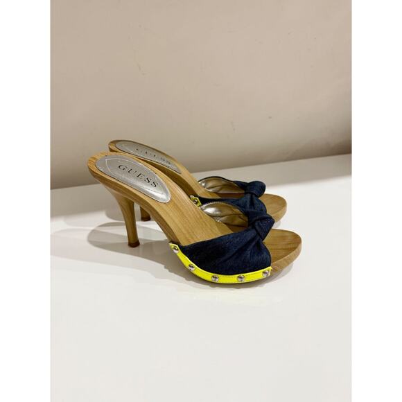 Guess Denim Slip On Wooden Mules Heels Brown/Blue with Yellow Trim Women Size 6 - Picture 3 of 6